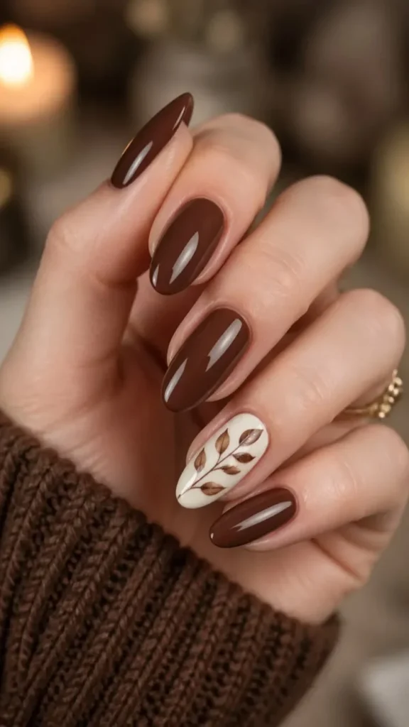 15 Brown Fall Nails Ideas That Create The Perfect Cozy Autumn Manicure 14 Brown Leaf Accent Nails