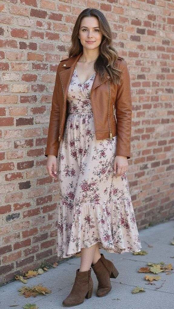 16 Boho Fall Outfits That Bring Cozy Free-Spirited Style to Autumn Days 10 Brown Leather Jacket With a Floral Dress