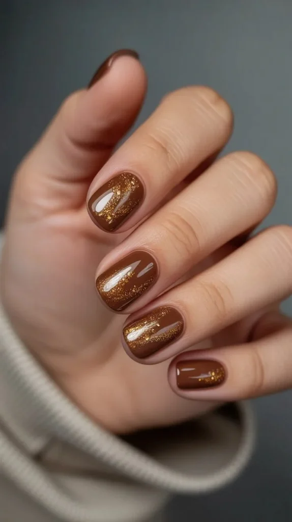 15 Brown Fall Nails Ideas That Create The Perfect Cozy Autumn Manicure 8 Brown Nails With Gold Accents