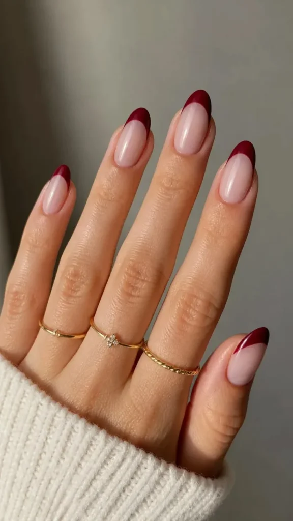 16 Fall Nails French Tip Ideas That Give A Classic Manicure A Cozy Autumn Twist 2 Burgundy French Tip Nails