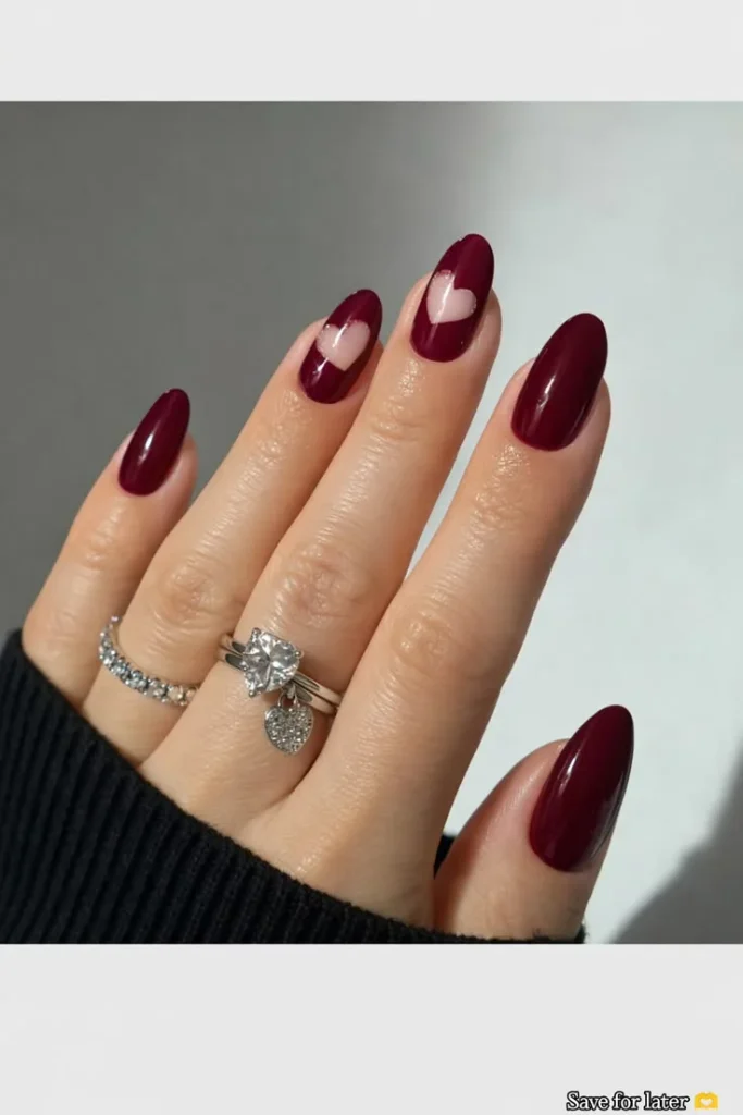 Burgundy Heart Accent Nails