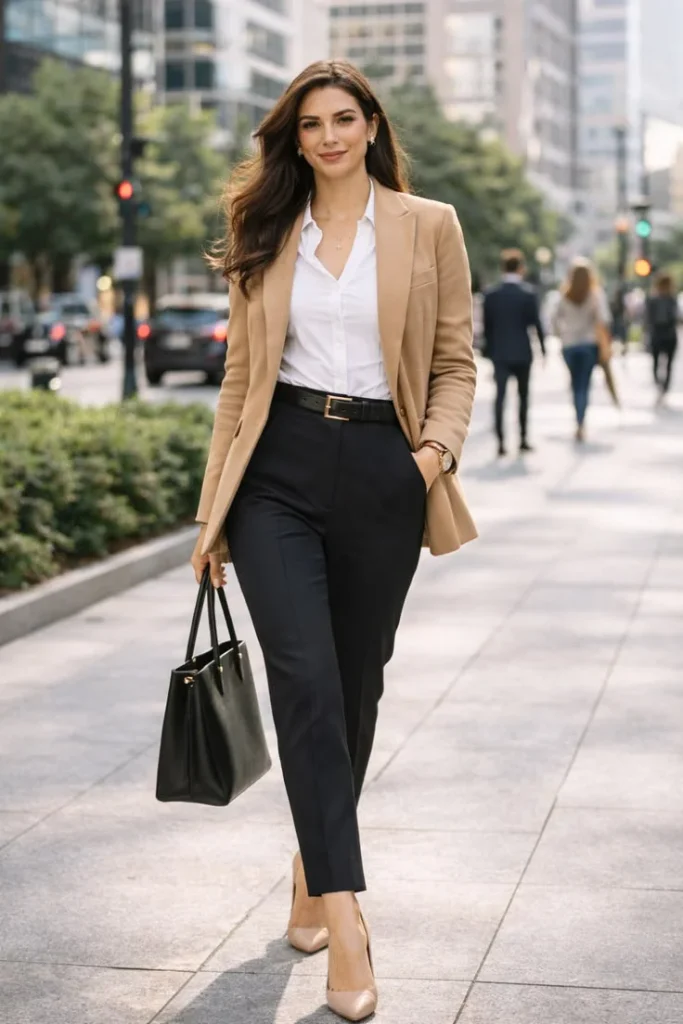 16 Fall Business Casual Outfits That Look Polished, Comfortable, and Effortlessly Stylish 2 Camel Blazer With Black Trousers