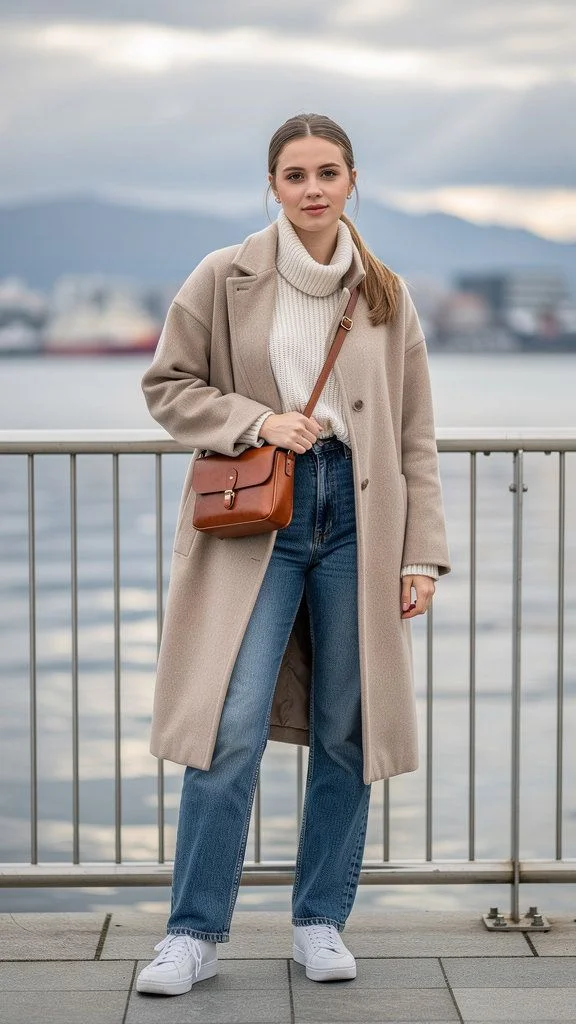 16 Classy Fall Outfits That Make Everyday Dressing Feel Effortless 2 Camel Coat With a Simple Sweater and Jeans