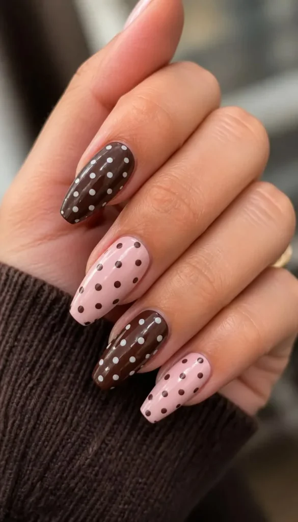 15 Fall Nails Polka Dots Ideas That Add A Cute Touch To Your Autumn Manicure 12 Chocolate And Pink Polka Dot Nails