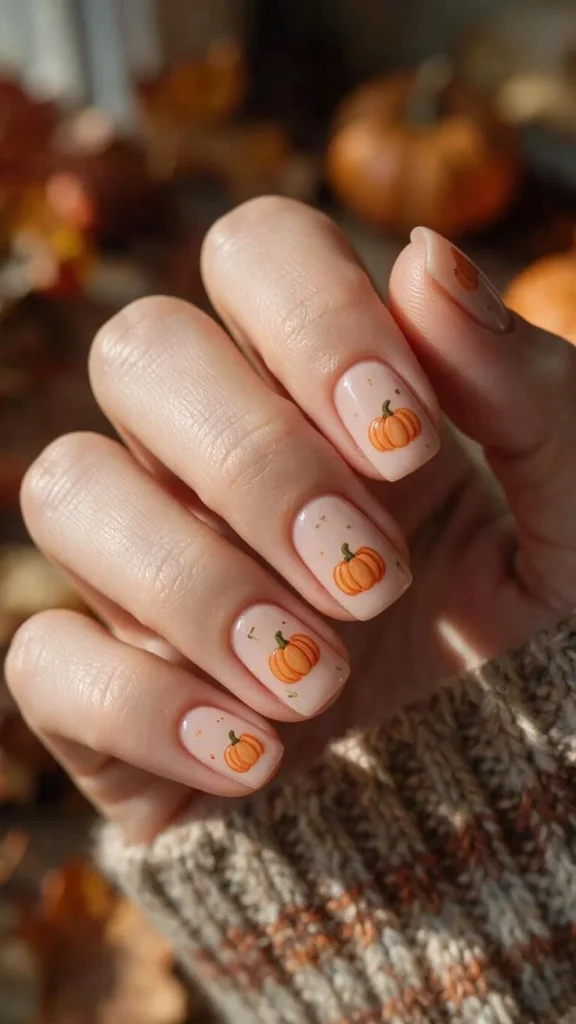 16 Fall Pumpkin Nails Ideas That Bring Cozy Autumn Charm To Your Manicure 1 Classic Tiny Pumpkin Accent Nails