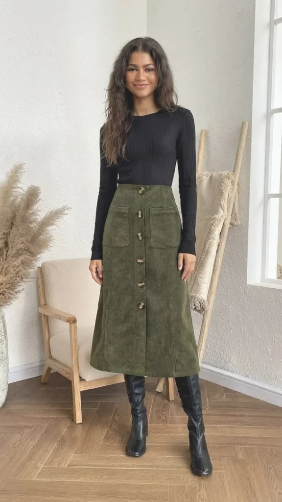 17 Fall Outfits Skirt Ideas That Bring a Chic Touch to Your Autumn Wardrobe 11 Corduroy Skirt With a Cozy Sweater
