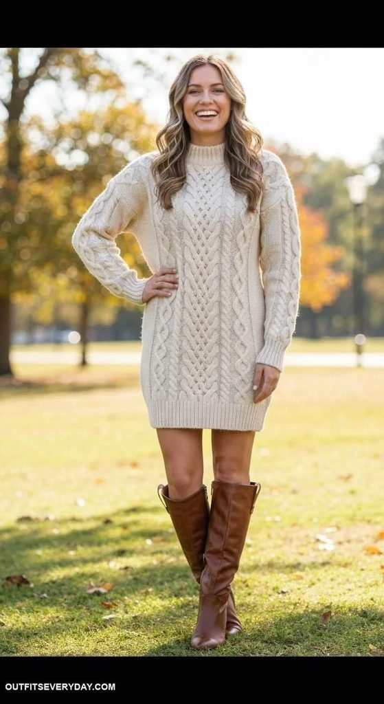 15 Fall Outfits for School That Make Getting Dressed So Much Easier 16 Cozy Knit Dress With Boots