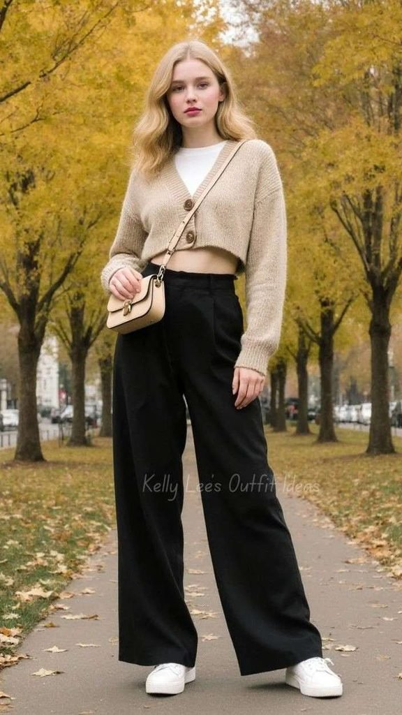 16 Fall Business Casual Outfits That Look Polished, Comfortable, and Effortlessly Stylish 16 Cropped Cardigan With High Waisted Pants