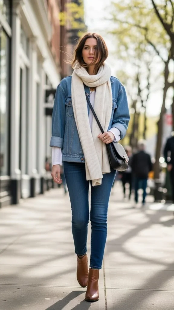 14 Fall Outfits Pumpkin Patch Ideas For The Cutest Autumn Day Out 5 Denim Jacket With A Cozy Scarf