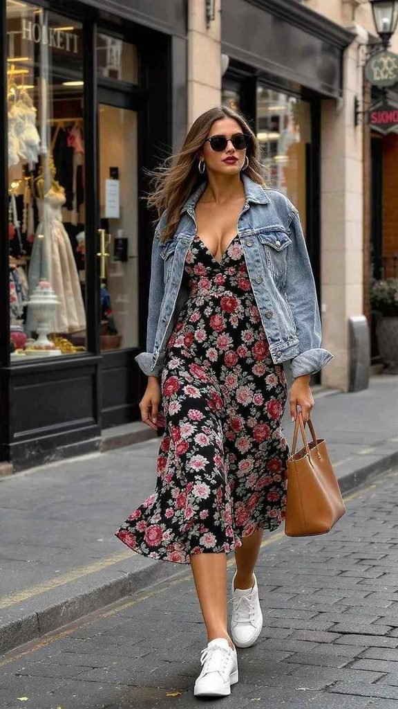 15 Fall Outfits for School That Make Getting Dressed So Much Easier 6 Denim Jacket With a Floral Dress