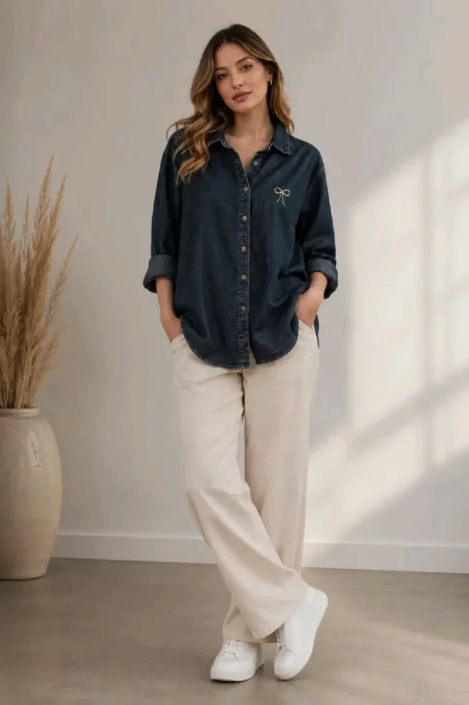 17 Simple Fall Outfits That Make Everyday Dressing Easy and Stylish 10 Denim Shirt With Comfortable Pants