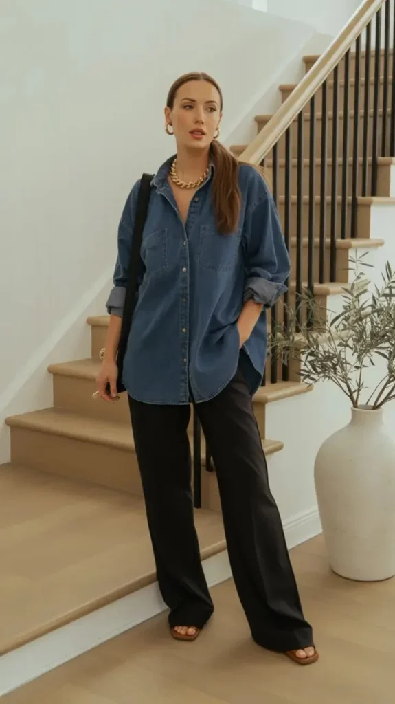 16 Fall Business Casual Outfits That Look Polished, Comfortable, and Effortlessly Stylish 15 Denim Shirt With Tailored Pants