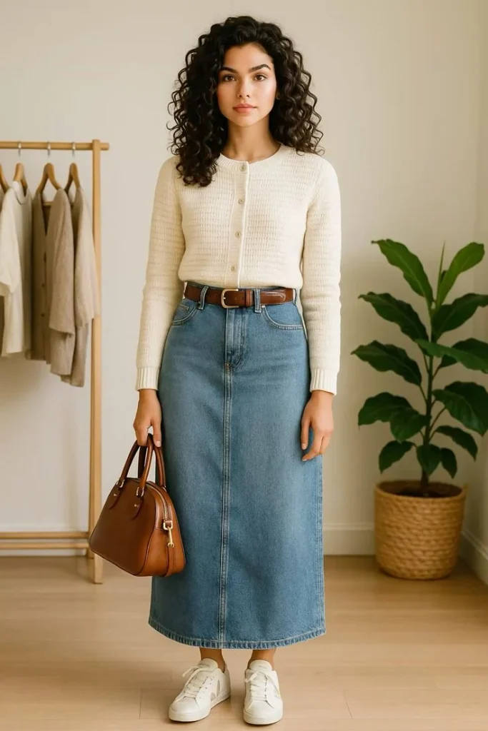 17 Fall Outfits Skirt Ideas That Bring a Chic Touch to Your Autumn Wardrobe 4 Denim Skirt With a Cardigan