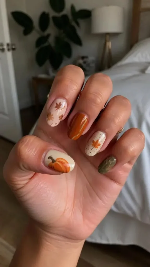 14 Fall Halloween Nails Ideas That Mix Spooky Charm With Cozy Autumn Style 6 Fall Leaves And Halloween Mix Nails