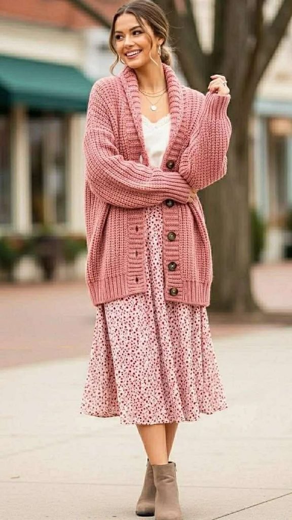 17 Fall Outfits Skirt Ideas That Bring a Chic Touch to Your Autumn Wardrobe 17 Floral Skirt With a Cozy Cardigan