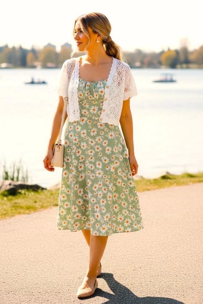 14 Fall Outfits Pumpkin Patch Ideas For The Cutest Autumn Day Out 4 Flowy Midi Dress With A Cardigan