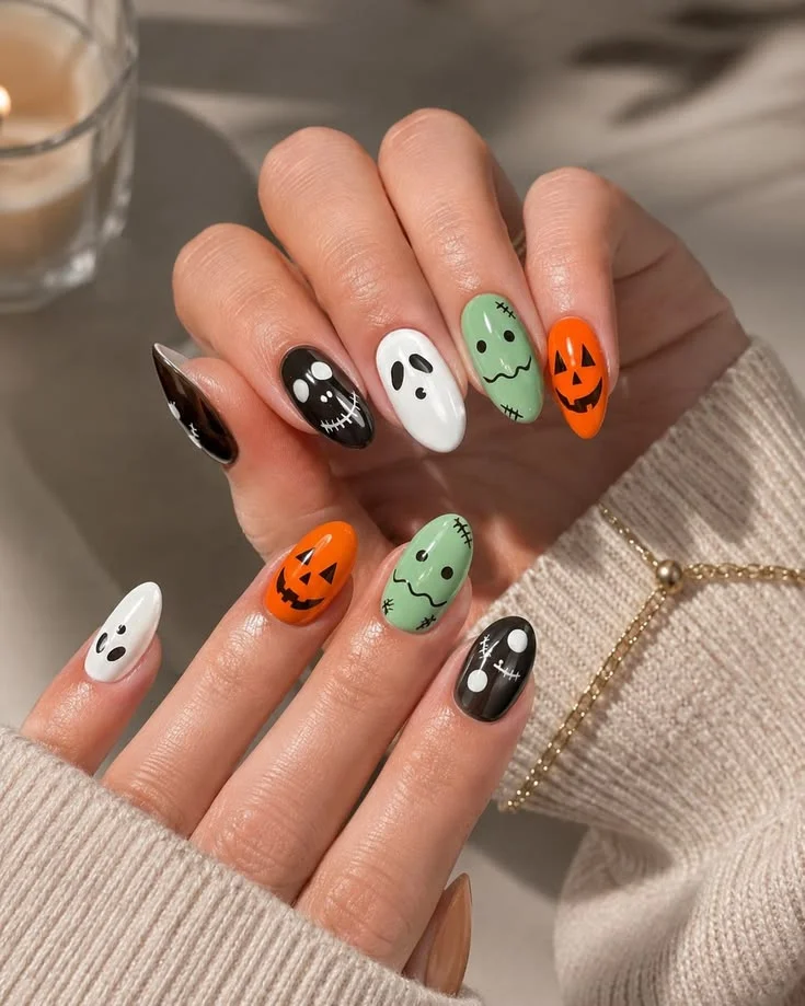 Ghost And Pumpkin Halloween Nails