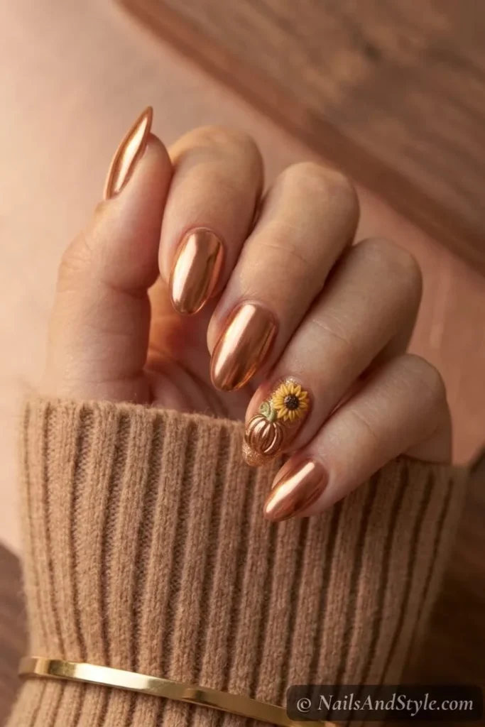 16 Fall Pumpkin Nails Ideas That Bring Cozy Autumn Charm To Your Manicure 6 Gold Pumpkin Accent Nails