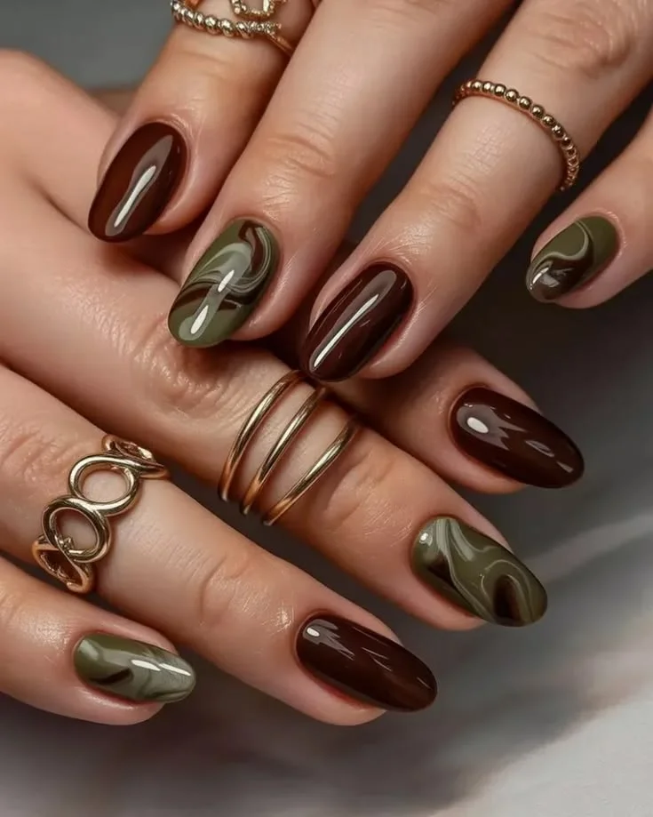 15 Fall Green Nails Ideas That Bring A Fresh Earthy Touch To Your Autumn Style 13 Green And Brown Fall Nails