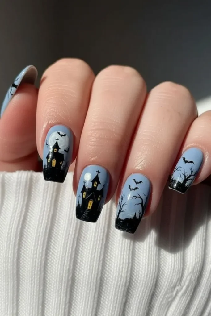 14 Fall Halloween Nails Ideas That Mix Spooky Charm With Cozy Autumn Style 12 Haunted House Nail Design