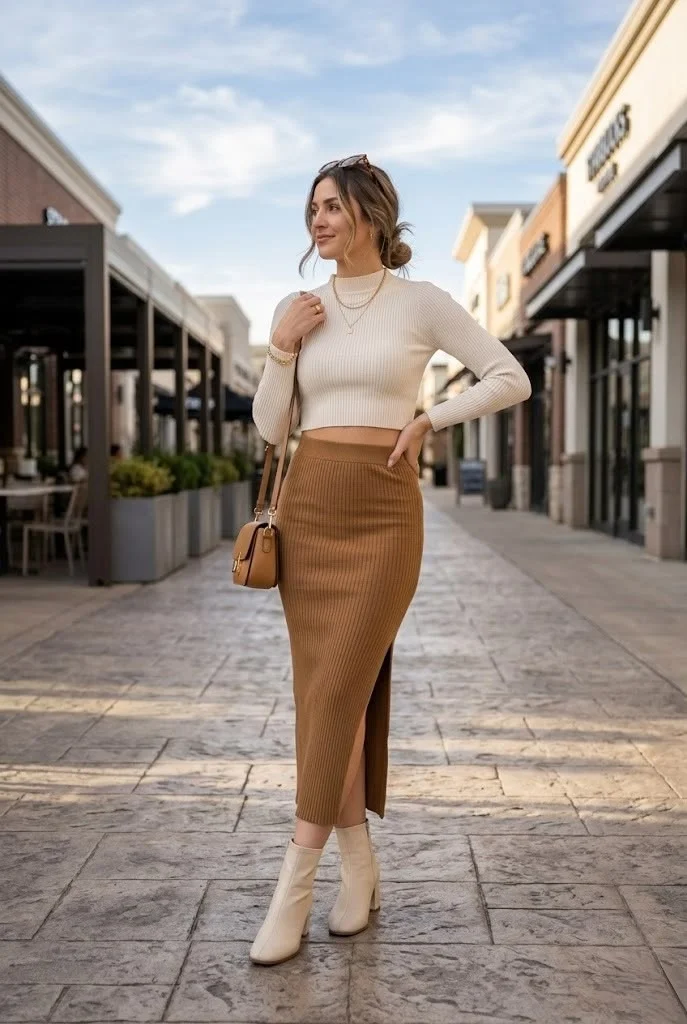 17 Fall Outfits Skirt Ideas That Bring a Chic Touch to Your Autumn Wardrobe 18 High Waisted Skirt With a Cropped Sweater