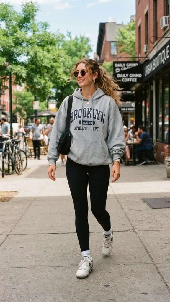17 Simple Fall Outfits That Make Everyday Dressing Easy and Stylish 4 Hoodie With Leggings and Sneakers