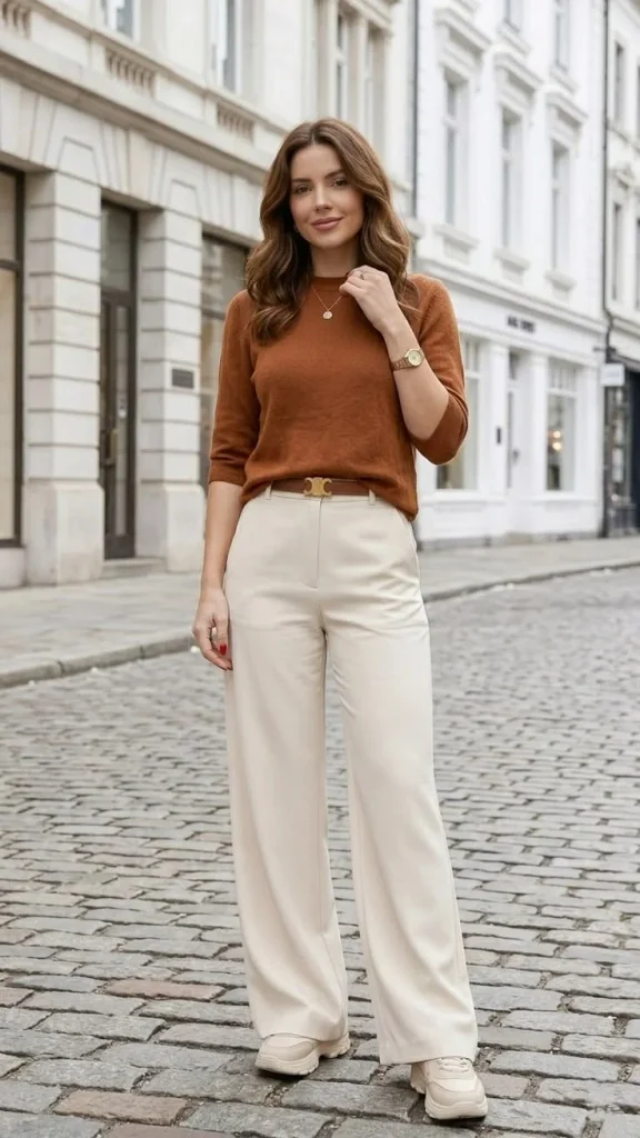 16 Fall Business Casual Outfits That Look Polished, Comfortable, and Effortlessly Stylish 3 Knit Sweater With Wide Leg Trousers