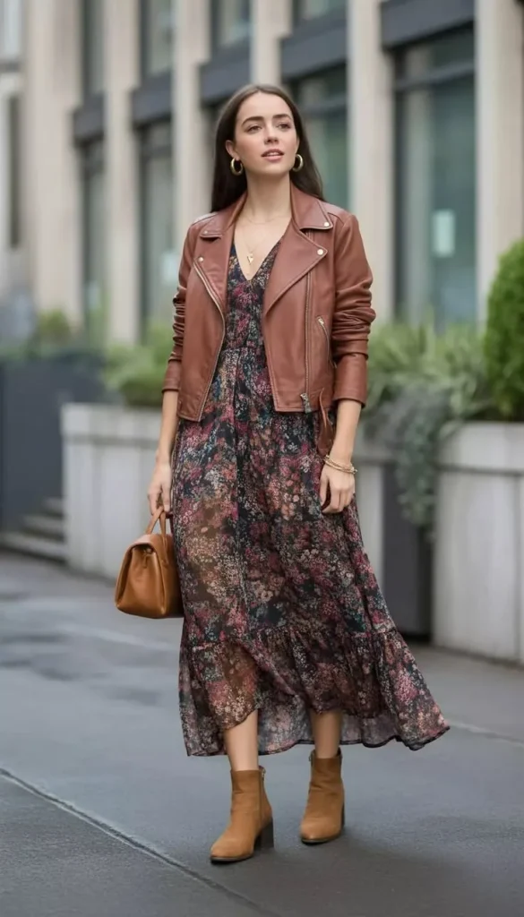 14 Fall Outfits Pumpkin Patch Ideas For The Cutest Autumn Day Out 11 Leather Jacket With A Fall Colored Dress