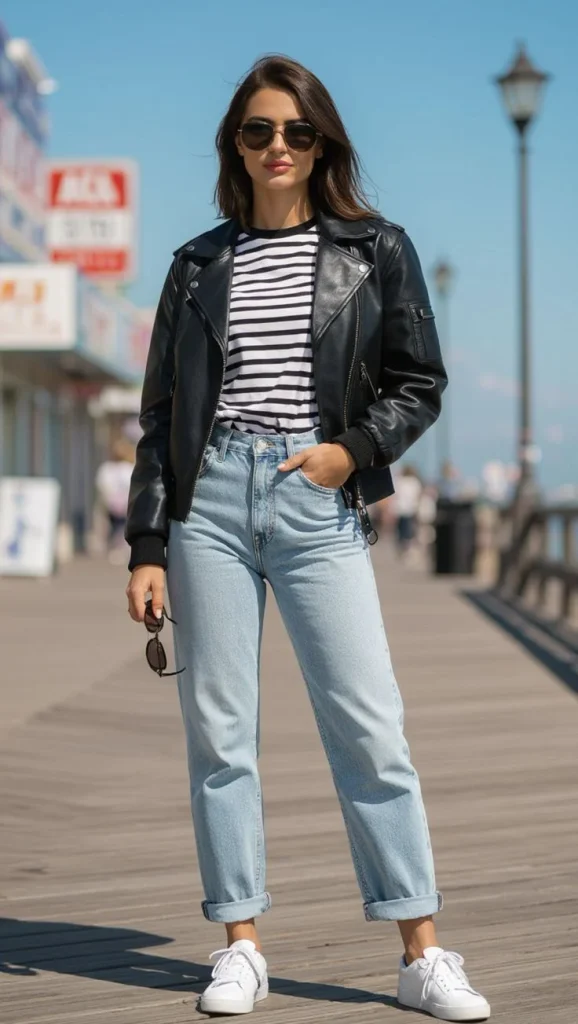 15 Fall Outfits for School That Make Getting Dressed So Much Easier 12 Leather Jacket With a Casual Outfit