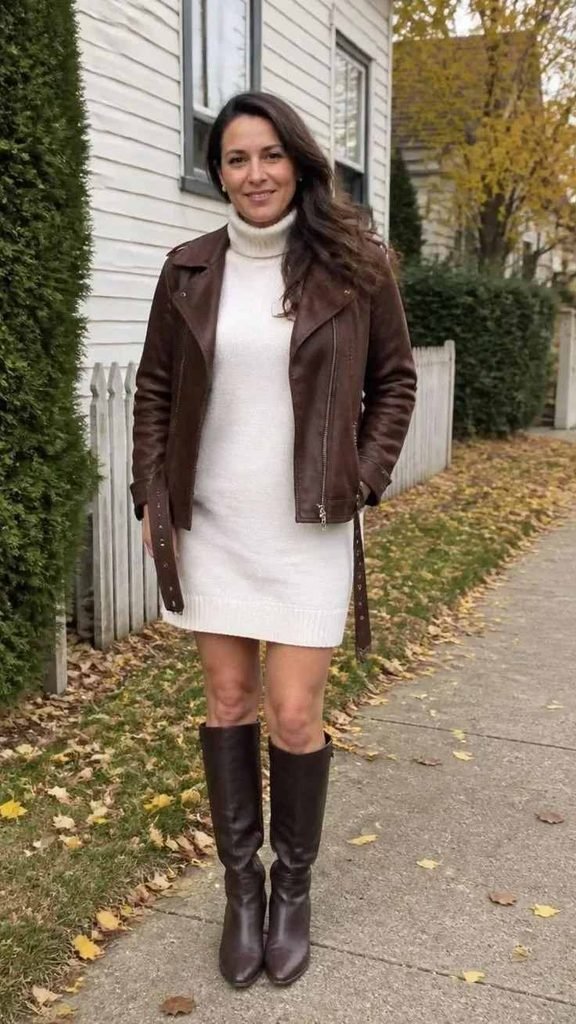 16 Classy Fall Outfits That Make Everyday Dressing Feel Effortless 6 Leather Jacket With a Sweater Dress