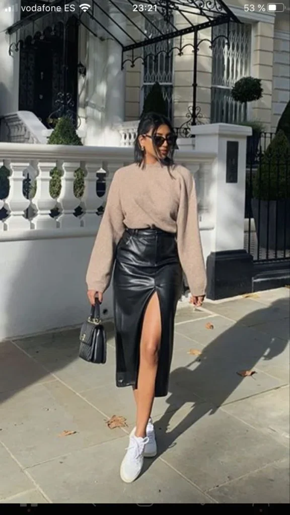 17 Fall Outfits Skirt Ideas That Bring a Chic Touch to Your Autumn Wardrobe 3 Leather Skirt With an Oversized Sweater