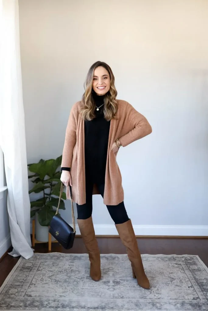 16 Classy Fall Outfits That Make Everyday Dressing Feel Effortless 11 Long Cardigan With Leggings and Boots