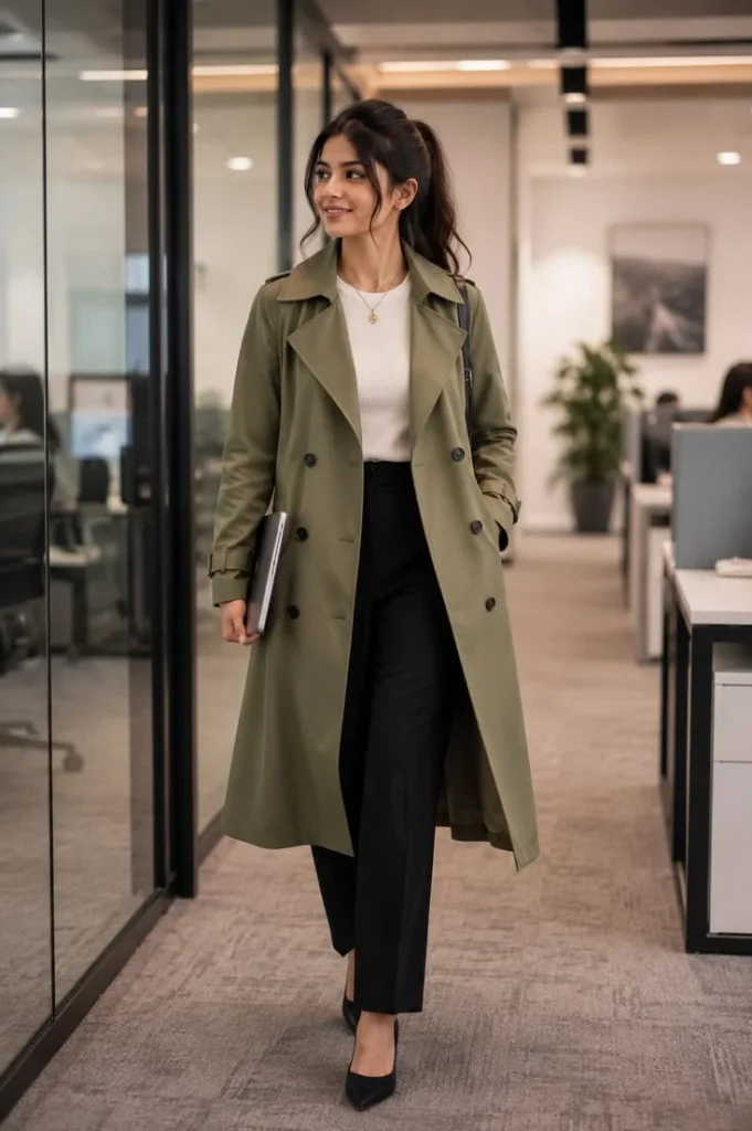 16 Fall Business Casual Outfits That Look Polished, Comfortable, and Effortlessly Stylish 14 Long Coat Over a Simple Office Outfit