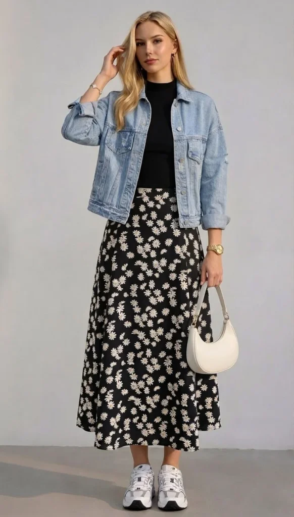17 Fall Outfits Skirt Ideas That Bring a Chic Touch to Your Autumn Wardrobe 9 Long Skirt With a Denim Jacket