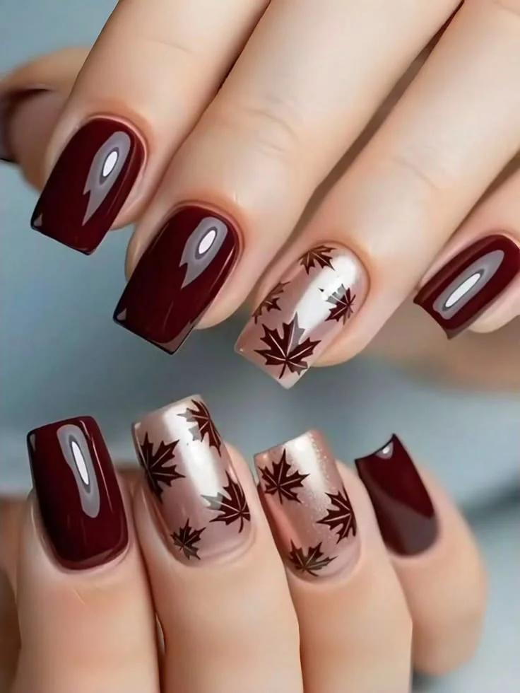 15 Fall Square Nails Ideas That Look Chic, Clean, And Perfect For Autumn 15 Maple Leaf Accent Square Nails
