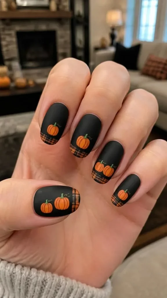 14 Fall Halloween Nails Ideas That Mix Spooky Charm With Cozy Autumn Style 7 Matte Black Pumpkin Nails