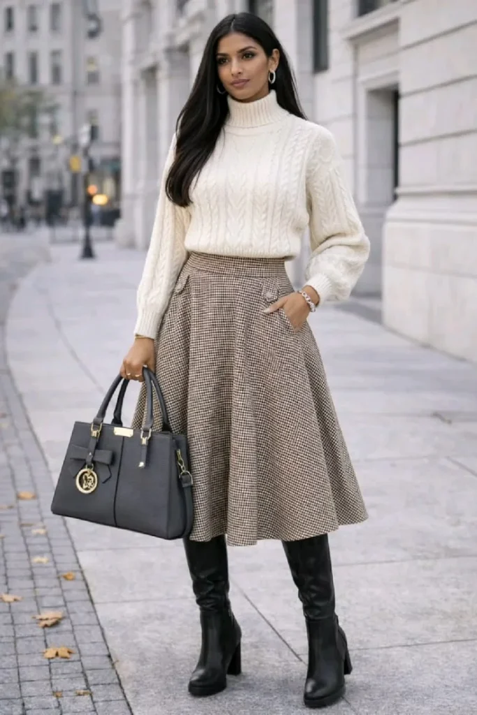 15 Fall Outfits With Boots That Make Every Autumn Look Feel Stylish 4 Midi Skirt With Knee High Boots