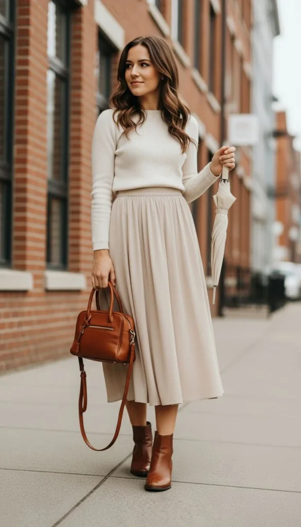16 Classy Fall Outfits That Make Everyday Dressing Feel Effortless 10 Midi Skirt With a Cozy Sweater