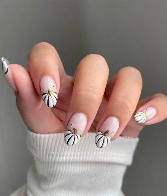 16 Fall Pumpkin Nails Ideas That Bring Cozy Autumn Charm To Your Manicure 9 Minimal White Pumpkin Nails