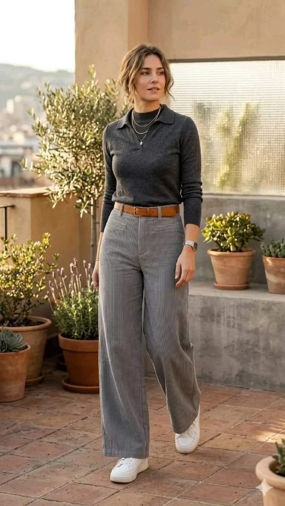 17 Simple Fall Outfits That Make Everyday Dressing Easy and Stylish 6 Neutral Sweater With Wide Leg Pants