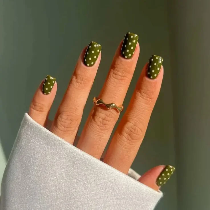 15 Fall Nails Polka Dots Ideas That Add A Cute Touch To Your Autumn Manicure 9 Olive Green Polka Dot Nails