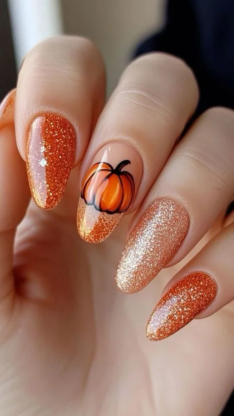 14 Fall Halloween Nails Ideas That Mix Spooky Charm With Cozy Autumn Style 13 Orange Glitter Halloween Nails