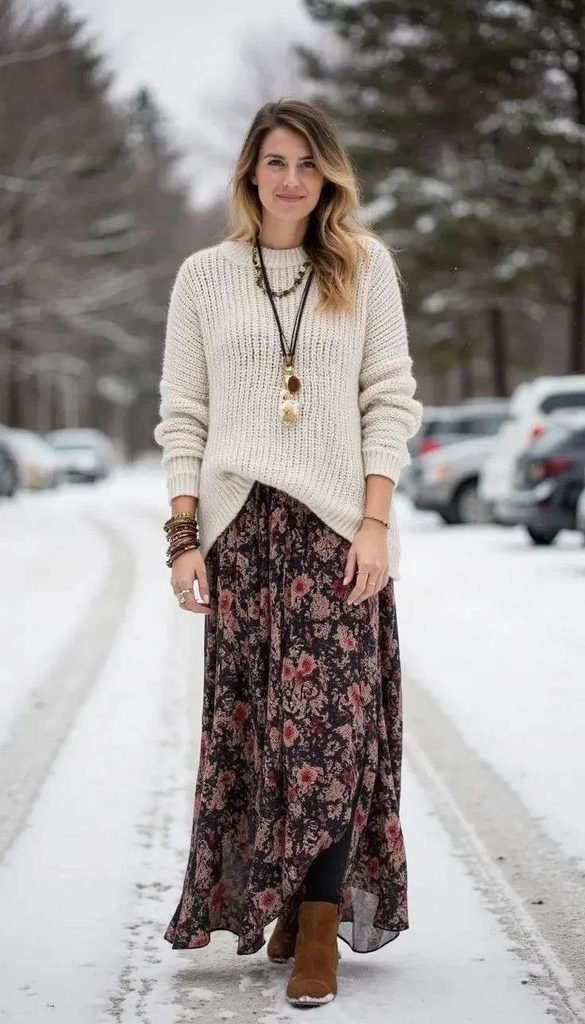 16 Boho Fall Outfits That Bring Cozy Free-Spirited Style to Autumn Days 11 Oversized Sweater With a Long Skirt