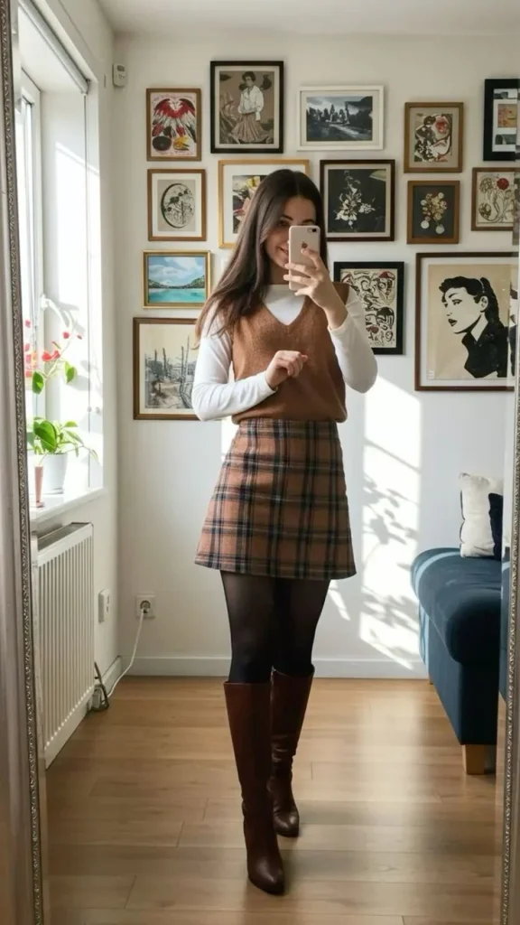 17 Fall Outfits Skirt Ideas That Bring a Chic Touch to Your Autumn Wardrobe 13 Plaid Mini Skirt With a Sweater Vest