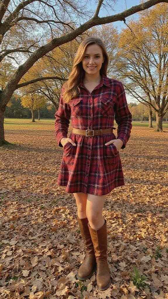 15 Fall Outfits With Boots That Make Every Autumn Look Feel Stylish 8 Plaid Shirt Dress With Boots