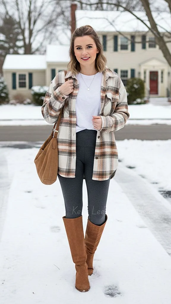 14 Fall Outfits Pumpkin Patch Ideas For The Cutest Autumn Day Out 3 Plaid Shirt Jacket With Leggings And Boots