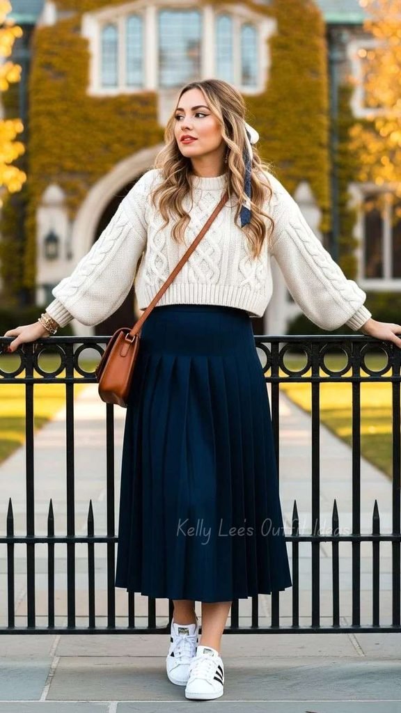 17 Fall Outfits Skirt Ideas That Bring a Chic Touch to Your Autumn Wardrobe 2 Pleated Midi Skirt With a Chunky Sweater