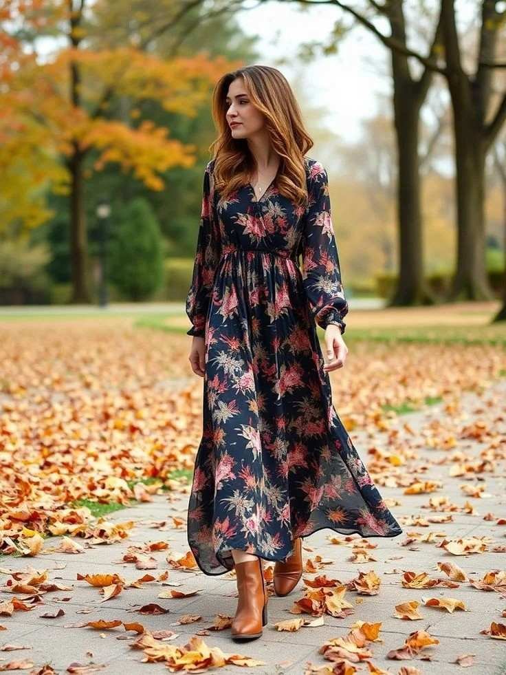 16 Boho Fall Outfits That Bring Cozy Free-Spirited Style to Autumn Days 4 Printed Maxi Dress With Ankle Boots