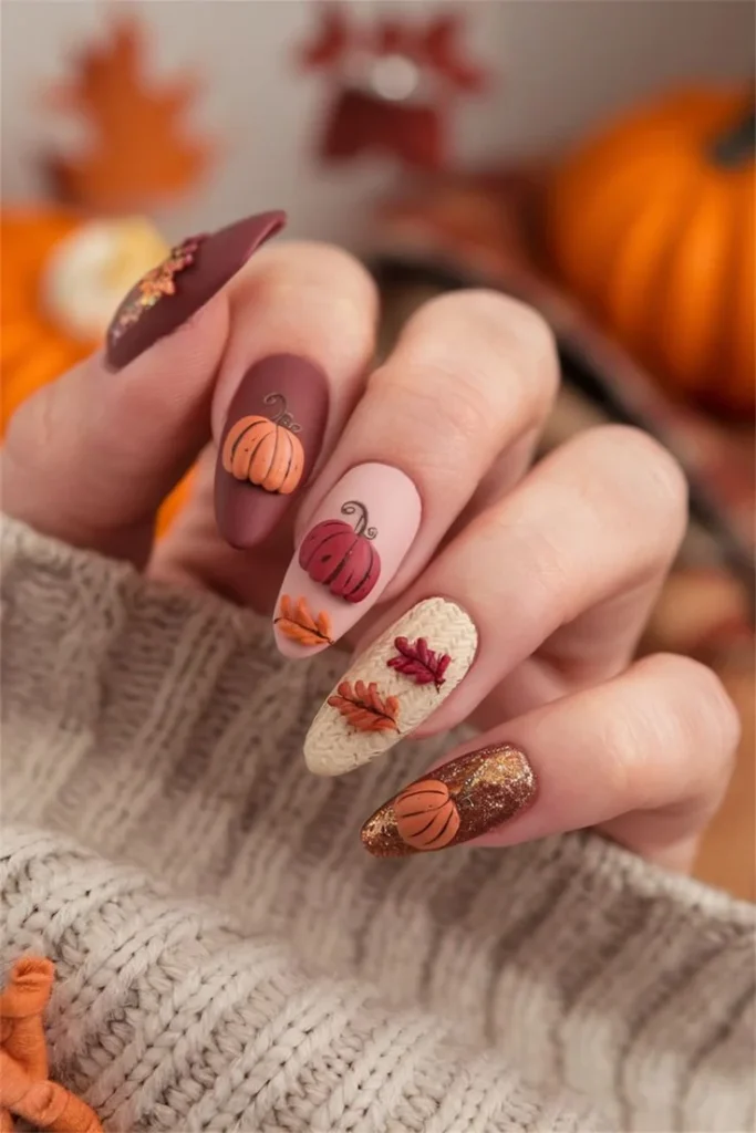 16 Fall Pumpkin Nails Ideas That Bring Cozy Autumn Charm To Your Manicure 8 Pumpkin And Leaf Nail Design