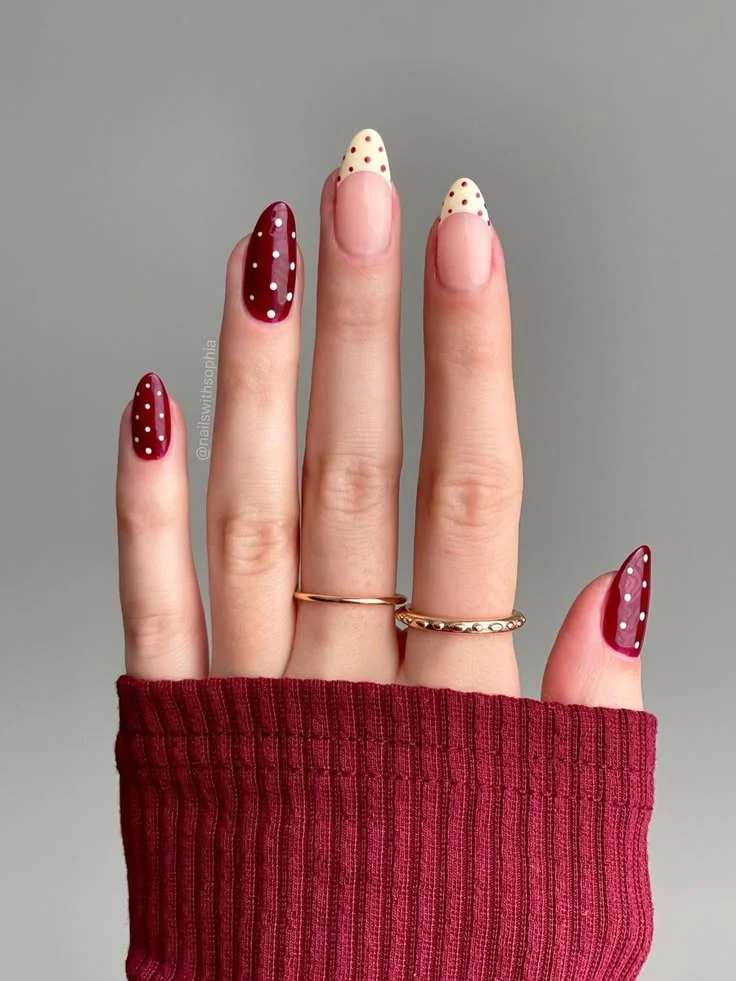 15 Fall Nails Polka Dots Ideas That Add A Cute Touch To Your Autumn Manicure 8 Red And Nude Polka Dot Nails